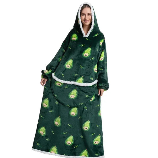 Smiling person wearing a green long snuggle hoodie with pear pattern.