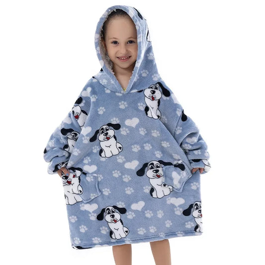 hoodie blanket for kids and children with blue dogs pattern