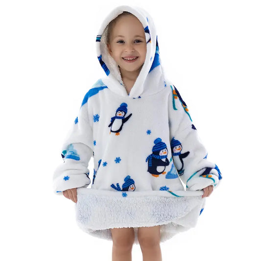 hoodie blanket for kids and children with penguin print