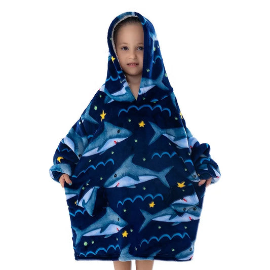hoodie blanket for kids and children with shark pattern