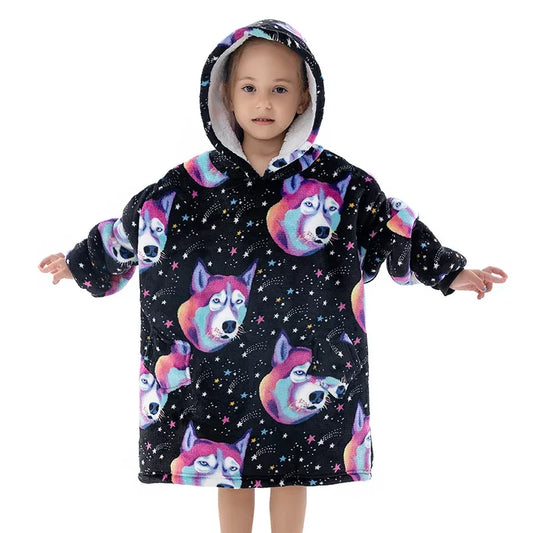 hoodie blanket for kids and children with starry galaxy dog pattern