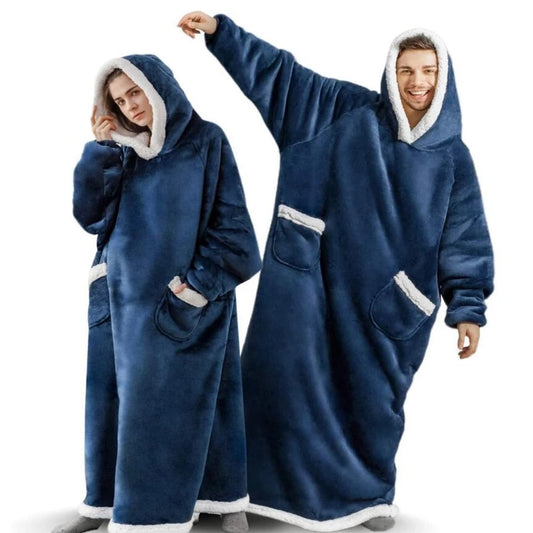 Woman and man wearing navy blue extra long blanket hoodie that cover from head to toe.