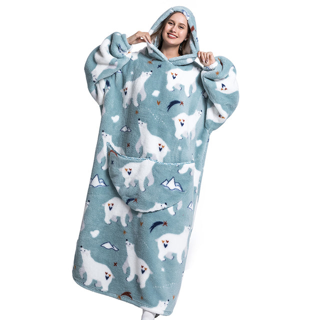 extra super long full length oodie blanket hoodie blue polar bears