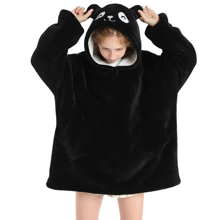 hoodie blanket for kids and children with black bear pattern
