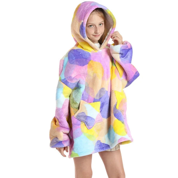 hoodie blanket for kids and children with colorful color splash pattern
