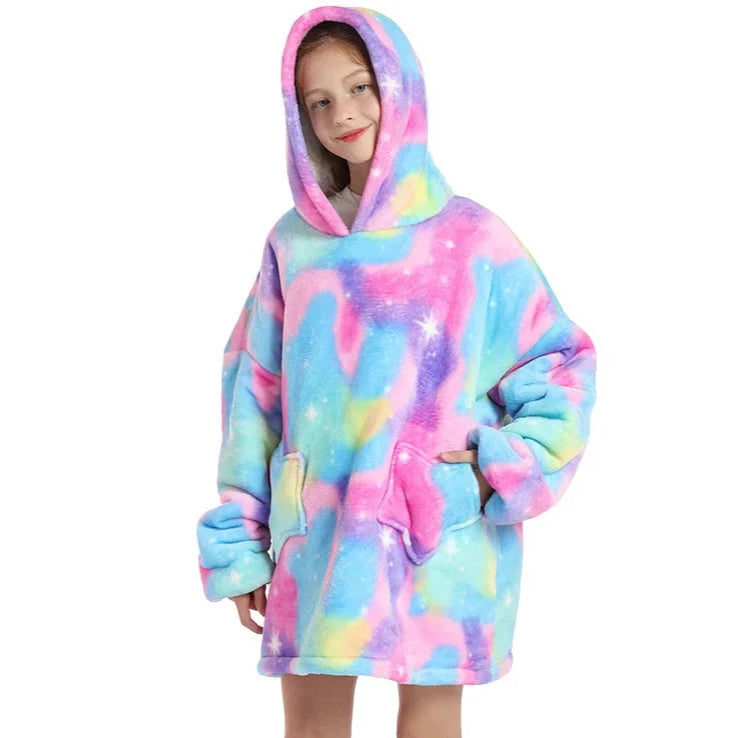 hoodie blanket for kids and children with colorful multicolored pattern
