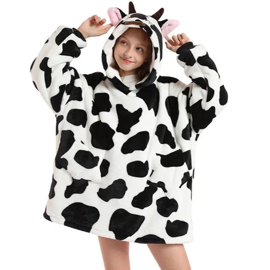 hoodie blanket for kids and children with cow animal pattern
