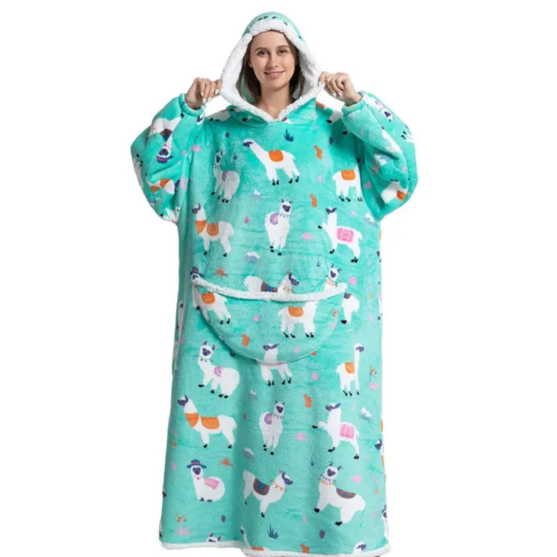 Person in cozy long snuggle hoodie with llama pattern. 