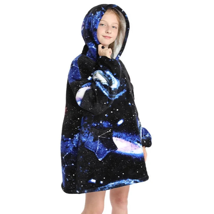 hoodie blanket for kids and children with galaxy space pattern
