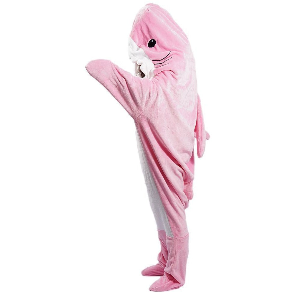 pink cozy shark onesie hoodie blanket