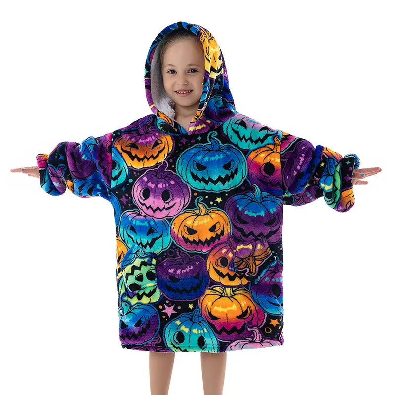 hoodie blanket for kids and children with halloween pumpkin pattern
